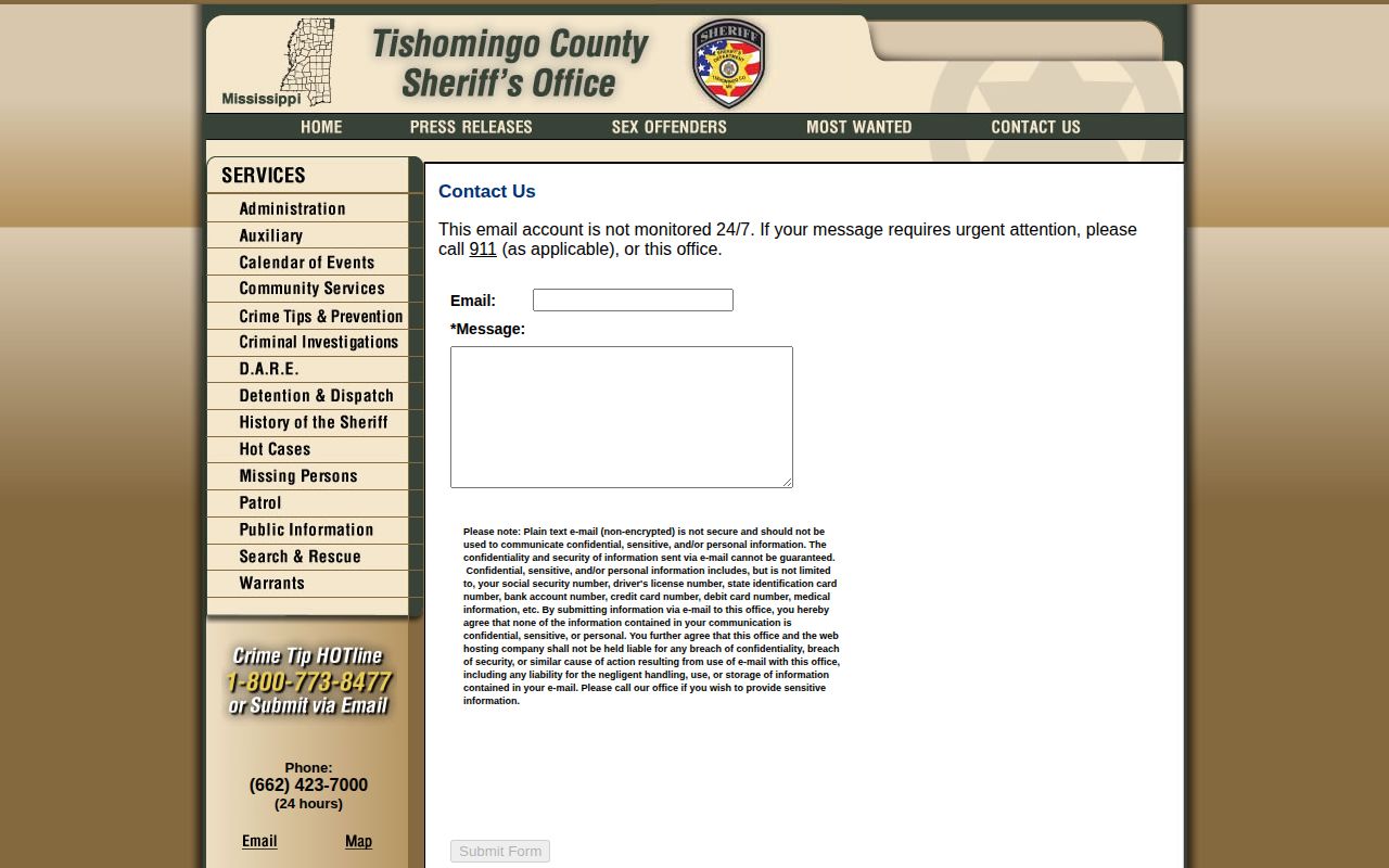 Tishomingo County Jail release records and Sheriff contact route