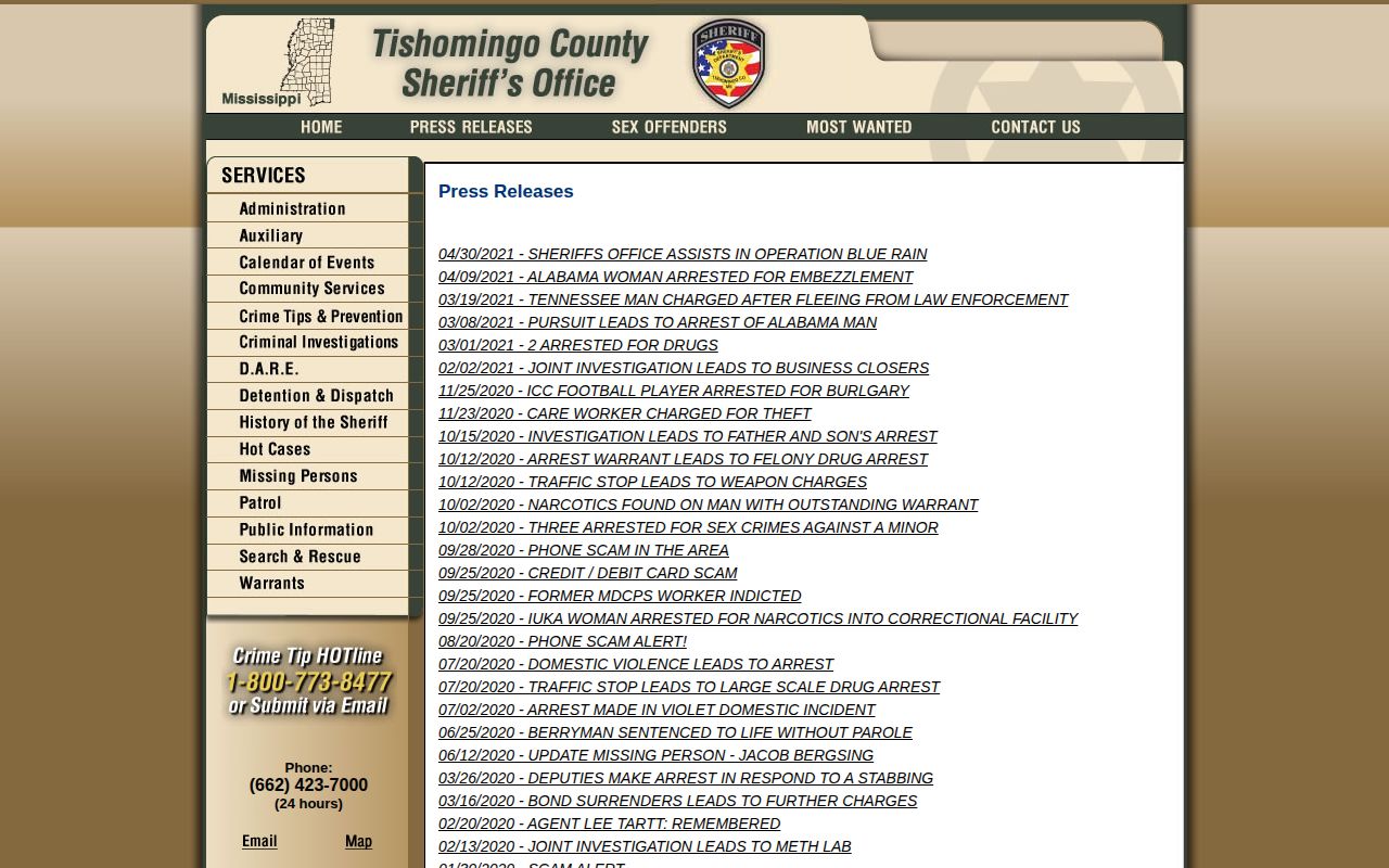 Tishomingo County historical arrest photo and released inmate mugshot context