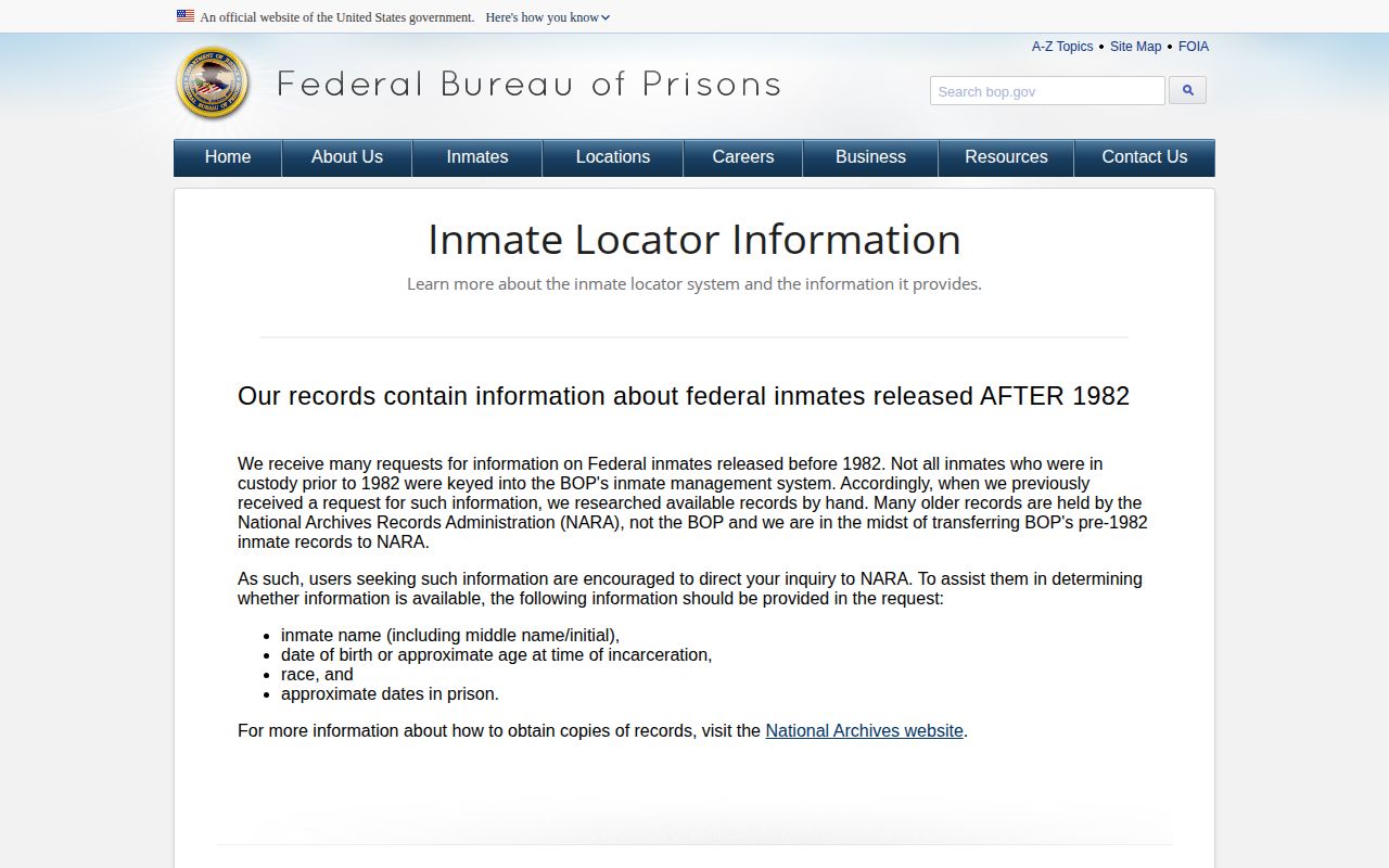 Federal Bureau of Prisons inmate release record coverage for Tishomingo County